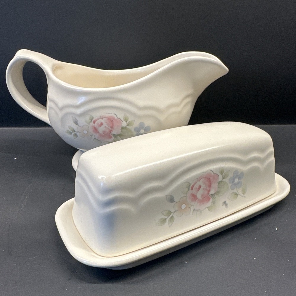 Pfaltzgraff Tea Rose Gravy Boat And Butter Dish Lot Floral Pottery